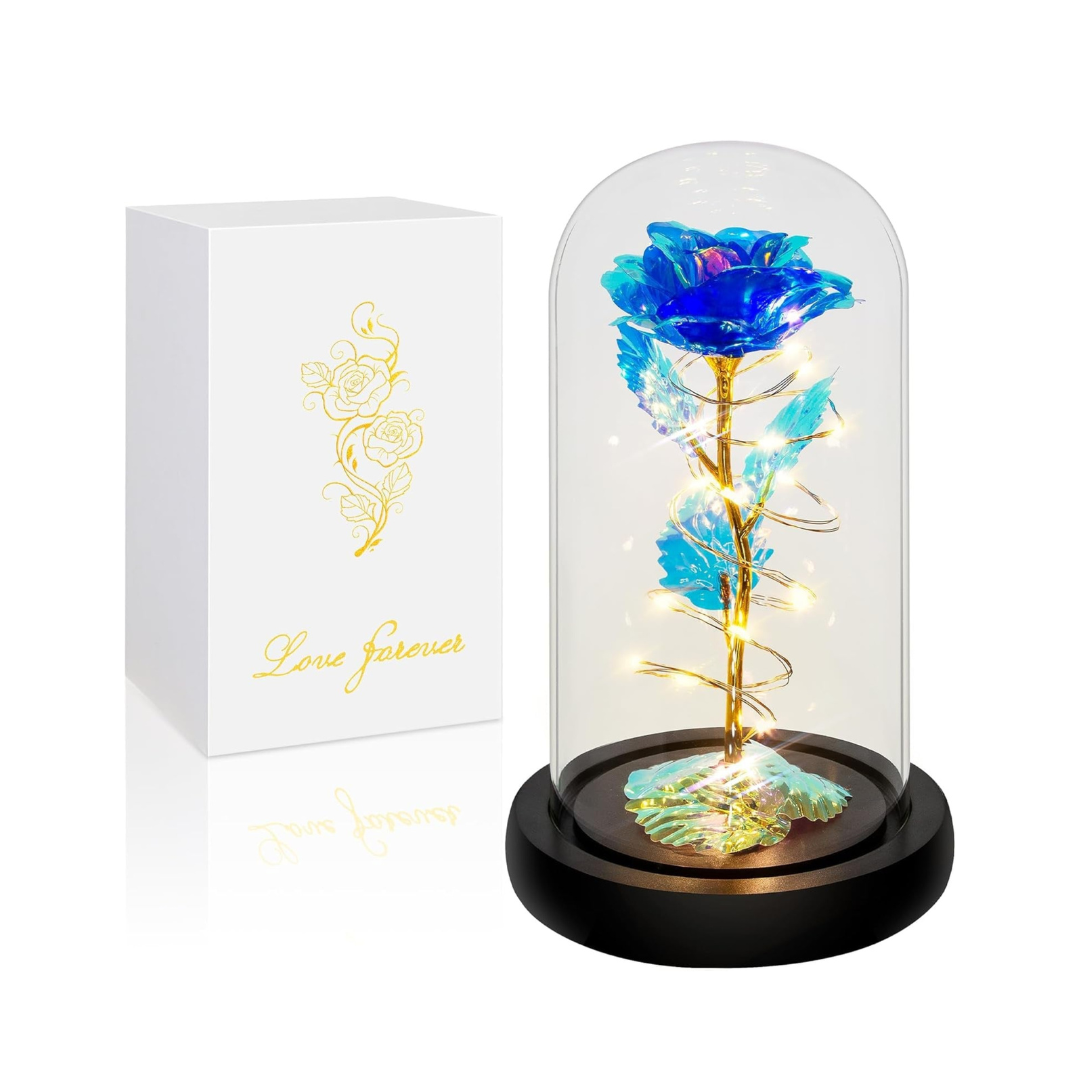 Valentines Day Gifts for Her,Birthday Gifts for Women,Blue Colorful Artificial Flowers,Valentines Gifts for Mom Wife Girlfriend Grandma,Valentines Decorations,Valentines Light up Rose in a Glass Dome