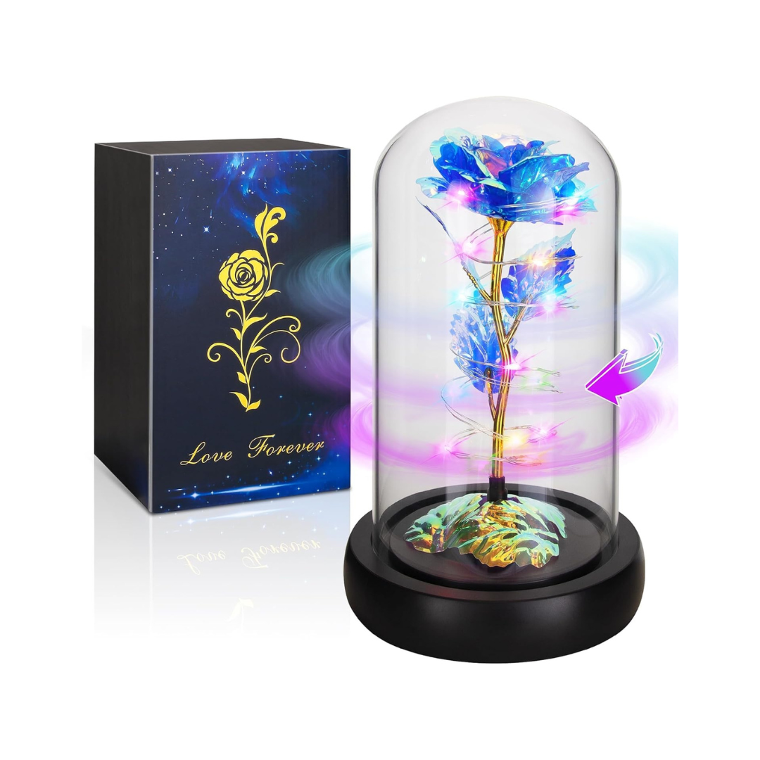 Valentines Day Gifts for Her,Birthday Gifts for Women,Blue Colorful Artificial Flowers,Valentines Gifts for Mom Wife Girlfriend Grandma,Valentines Decorations,Valentines Light up Rose in a Glass Dome