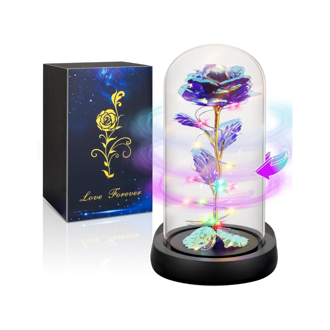 Valentines Day Gifts for Her,Birthday Gifts for Women,Blue Colorful Artificial Flowers,Valentines Gifts for Mom Wife Girlfriend Grandma,Valentines Decorations,Valentines Light up Rose in a Glass Dome